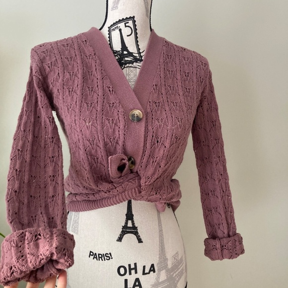 Pointelle Cardigan, Mauve Knit Sweater, Button Up Cardi, Vintage-Style - Picture 1 of 7